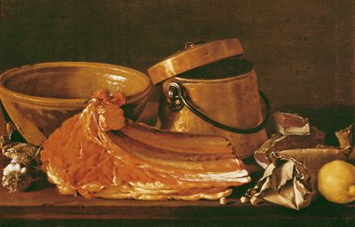 Still Life with Meat, Cooking Pots, Chickpeas, a Lemon and Garlic by Luis Egidio Melendez